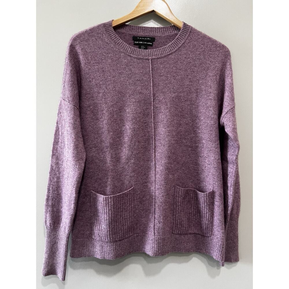 TAHARI Pure Luxe Thick Cashmere Crew Neck Sweater Mauve relaxed sz-M fits large - Picture 2 of 7
